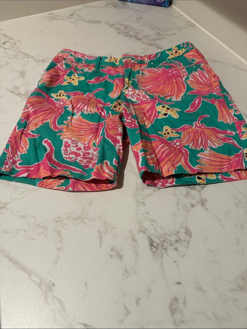 Lilly Pulitzer Teal Floral Bermuda Shorts with Pink & Orange Motif Size 2